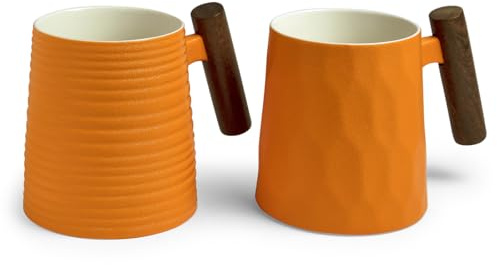 TeaLogic Set mit 2 Tassen aus feinem Porzellan mit Griff aus Palisander, Retro-Design Clementine, Farbe: Orange