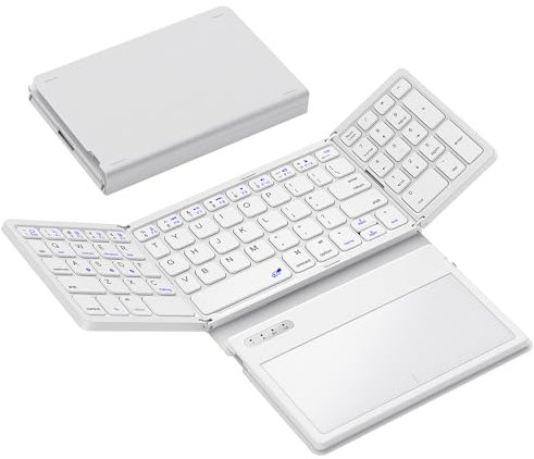 GEODMAER Foldable Bluetooth Keyboard, Portable Full Size Folding Keyboard with Large Touchpad, Numeric Keypad, PU Leather, Wireless Travel Keyboard for Windows Android Mac(White)