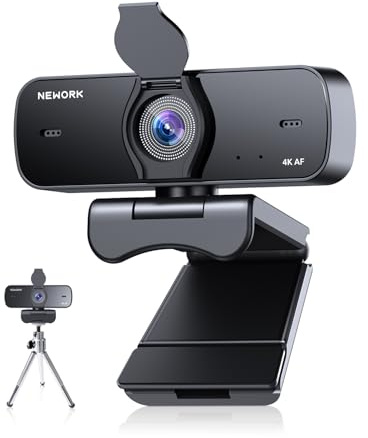 NEWORK 4K Webcam für PC mit Autofokus, Dual Noise Cancelling Mikrofone, USB Plug-and-Play, 77° FOV, Privacy Cover & Stativ, Kompatibel mit Windows/Mac/Android/Linux