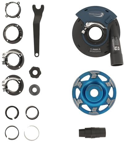 PRODIAMANT Absaughaube & Diamant-Schleiftopf-Set 125 mm – Winkelschleifer & Betonschleifer Umbau mit Adapter für Herstelleraufnahme, gefederter Bürstenkranz inkl. ST50 Schleifteller