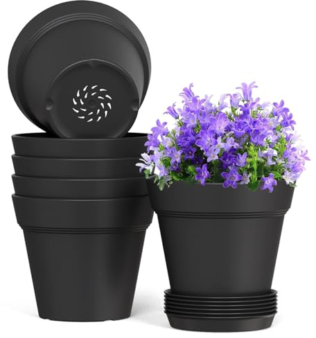 WSMKSZ 5 Inch Plastic Plant Pots with Drainage Holes and Trays – 6 Pack Small Nursery Pots for Indoor & Outdoor House Plants and Flowers, Seedling Starter Planters, Matte Black