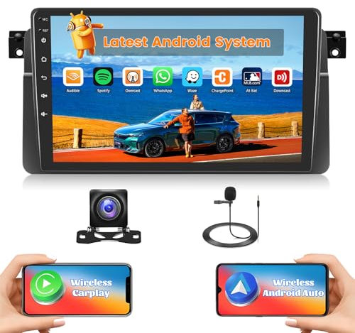 Hikity 2G+64G Android 15 Radio Coche para BMW Serie 3 E46 1999-2005 con Pantalla Táctil de 9 Pulgadas, Radio 2 DIN con Carplay Android Auto Inalámbrico RDS/FM BT Radio GPS WiFi + Cámara Trasera + Mic