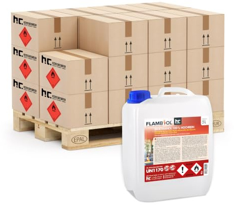 Höfer Chemie Bioéthanol 16 x 5 L (80 L) 100% de Haute Pureté pour Cheminée | Éthanol, Godets à Éthanol, Feu de Table et Braséros - Combustion Propre Sans Fumée - Flamme Vive et Chaleureuse