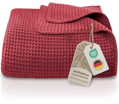 LAYNENBURG Premium Waffelpique Baumwolldecke 220x240 cm - Oeko-TEX 100 - Baumwollmix Kuscheldecke - Decke als Wohndecke, Sofa-Decke & Couchdecke - Wolldecke kuschelig-warm aus Baumwolle (Bordeaux)