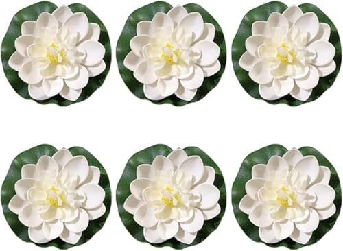 Mioaoa 6 Pcs White Artificial Lotus Flowers Large Floating Lotus Flowers Faux Water Lily Fish Pond Artificial Plants with Artificial Lily Pads Home Decor