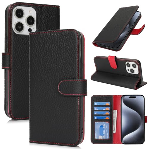 Zouzt Leather Wallet Case for iPhone 15 Pro, 4 Card Slot, Black & Red | Genuine Leather, Card Holder, Shockproof TPU Shell, Magnetic Closure, Protective Flip Folio Phone Cover, For Women Men