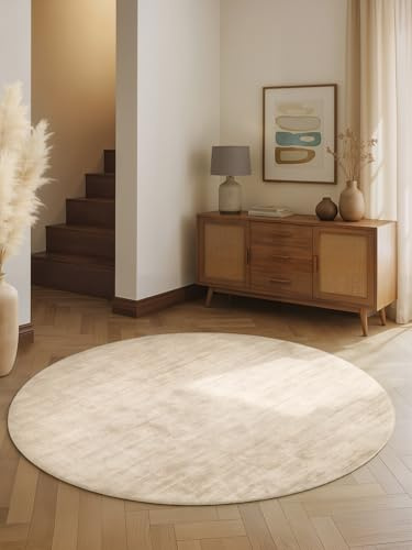 Vikosa Viskose Teppich Noemi - Flauschiger Wohnzimmerteppich Rund, Handgemacht & Weich, Einfarbiges Design Handgewebt, dezenter Glanz, Kurzflor für Wohnzimmer, Schlafzimmer, Flur - Elfenbein, Ø 150 cm