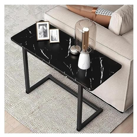 PBWERIGL Porte-revues/Table, Table de Bout en Forme C avec Plateau Faux marbre et Cadre Acier Multicolore(Black)