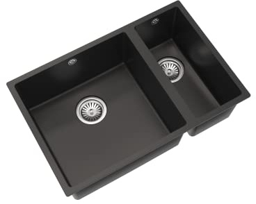 Flode Comite 1.5 Bowl Undermount Kitchen Sink 670 x 440 x 200mm – Matt Black – Composite Double Bowl Basin – Chrome Basket Wastes Included – 600mm Cabinet