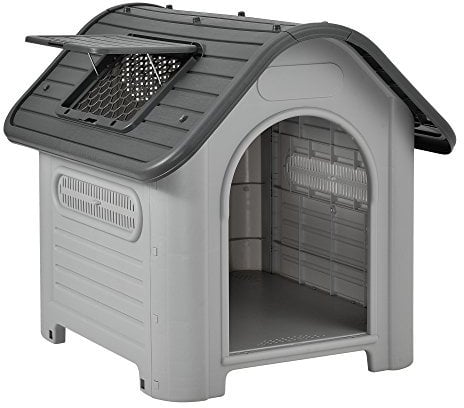 [en.casa] Hundehütte Outdoor Bello Hundehöhle wetterfest Hundehaus mit Dachluke und Lüftungsschlitzen 87 x 72 x 75 cm Kleintierhaus erhöhter Boden Kunststoff Weiß/Grau