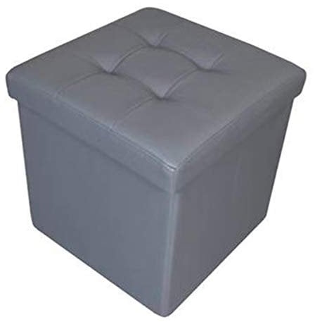 HomeHarmony® Quilted Top Folding Storage Ottoman Seat, Stool, Toy Storage Box Faux Leather (Silver, Medium)