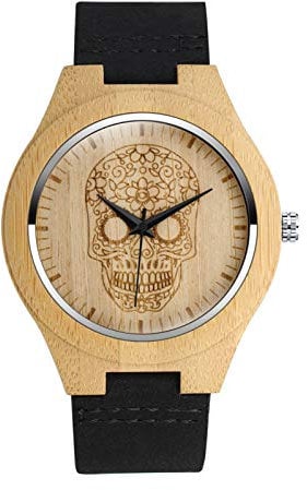 MicLee Herren Damen Unisex Bambus Cool Totenkopf Schädel Holzuhr Analog Quarzwerk Armbanduhr mit Lederband Für Frauen Männer Geschenke