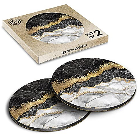 2 x Eco Boxed Cork Coasters - Marble Gold Stone Effect Art Drink Cup Mug Glass Table Mat #21842