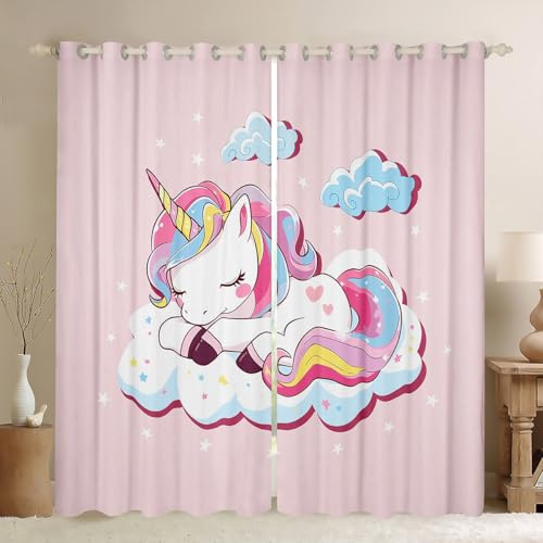 Mädchen-Einhorn-Fensterbehandlungen, Fantasie-Einhorn-Vorhänge für Kinder, Mädchen, Kinder, magische Tier-Fenstervorhänge, Feen-Cartoon-Muster, Fenstervorhänge, W66 x L90