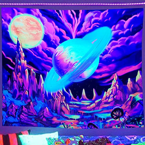 Blacklight Planet Mountain Wandteppich, UV-reaktiv, psychedelisch, Galaxie, Sonnenuntergang, Schwarzlicht, Wandteppich, Wandbehang, Naturlandschaft, Wandteppiche für Schlafzimmer, Party, Ästhetik,