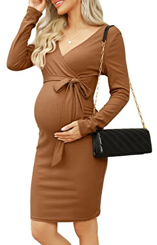 KOJOOIN Robe de maternité à Manches Longues pour Femmes Robe d'allaitement à col en V Robes de Grossesse Robe de soirée au Genou avec Ceinture (Emballage Multiple), A-Kaki, XXL