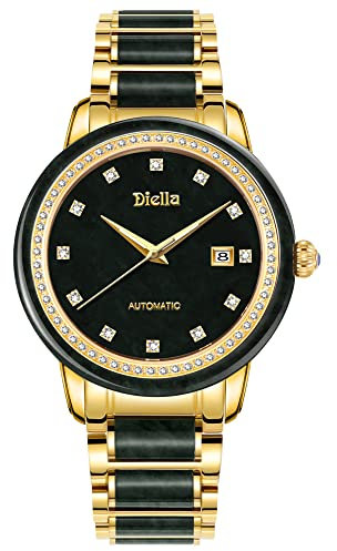 Diella Automatik Herren Uhren, Luxus Schwarz Jade und Gold Männer Mechanische Uhren, Edelstahl Wasserdicht Armband Uhren für Herren (Model: AD6008G)