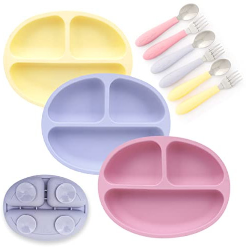 Elk and Friends Plato De Silicona Con Ventosa Para Bebés Y Niños Pequeños, Juego De Cubiertos De Acero Inoxidable, Plato Dividido Con Ventosa, Tenedores Y Cucharas Incluidos, Paquete De 3