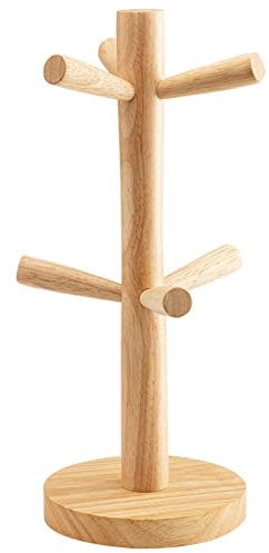QUUPY Wooden Mug Tree Holder with 6 Removable Hooks, Natural Brown, 100% Wood, Space-Saving Design, Cup Holder