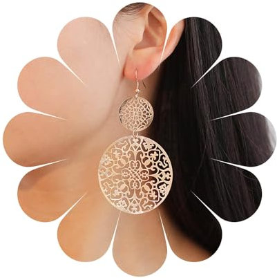 Aneneiceera Boho Filigrane Hohle Scheibe Baumeln Tropfen Ohrringe Boho Gold Ethnische Geschnitzte Blume Scheibe Ohrringe Erklärung Haken Hochzeit Brautjungfer Schmuck Für Frauen Und Mädchen (gold)