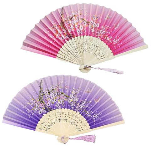 2 Stück Handfächer Fächer,Folding Fans mit Quaste,Hand Fans,Hand Halten Fans,Faltfächer für Wanddekoration,Geschenke,Hochzeit(Rosa und Lila)