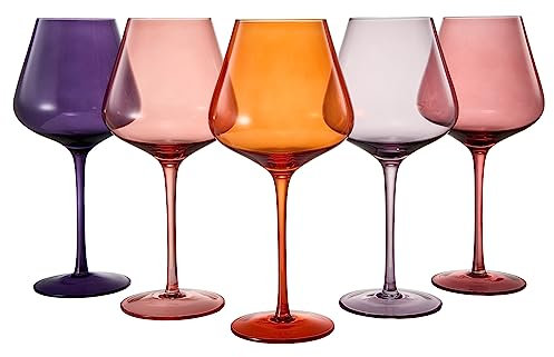 Juego de 5 copas de vino de cristal de colores, vasos grandes de 20 onzas, vasos de estilo italiano brillante para vino tinto y blanco, copas de cena de agua, cristalería de color hermosa - (tallo)