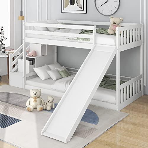 Dolamaní Hochbett 90x200 cm, Etagenbett mit Treppe und Rutsche, Betten Rahmen aus massivem Kiefernholz, Kinderbett mit 2 Schubladen in der Treppe, Weiß