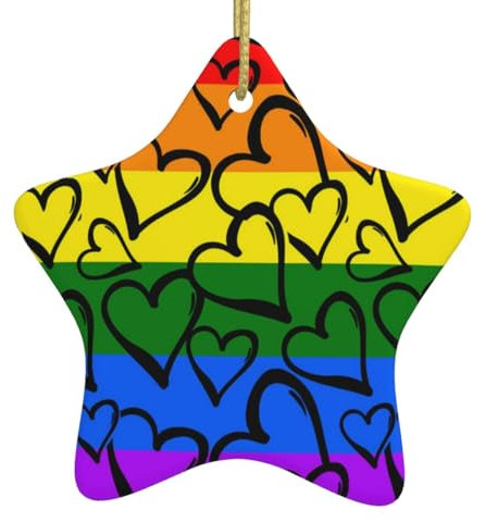 Gay Pride Weihnachtsschmuck mit Regenbogen-Muster, Keramik, hängende Weihnachtsbaumschmuck, Sternform, Weihnachtsdekoration für Party