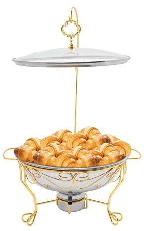 Set di 6 contenitori rotondi per alimenti in acciaio inox, con coperchio e anti-manico, per riscaldamento della lampada ad alcool, per buffet, feste, ristoranti (oro)