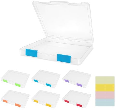 Pechor 6 Pcs A4 File Box Clear Plastic File Storage Box Paper Plastic Organizer Board Game Storage Scrapbook Paper Storage File Holder with Buckle and Sticker Labels, Colorful