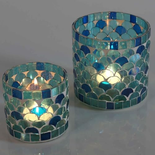 Orientalisches Mosaik-Windlicht Athen 2-er Set hellblau rund handgefertigt aus Glas | Stimmungslicht Ramadan Deko Teelichthalter bunt marokkanische Tisch-Deko aus 1001 Nacht | WZ111-SM