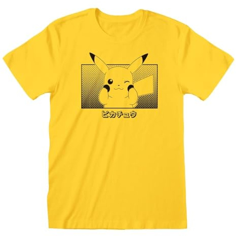 Heroes Inc. Pokémon Kurzarm-T-Shirt, Unisex, Pikachu Katakana, Gelb