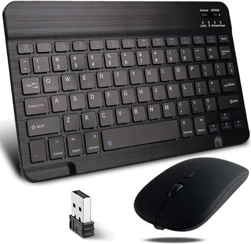 KeautFair Tragbar Drahtlos Bluetooth Tastatur und Maus Mäuse Set Dual QWERTY US Layout Wiederaufladbar Schnurlos Ruhig 1200DPI Verstellbar Reise Windows/iOS/Android PC/Laptop/iPad/Smartphone(Schwarz)
