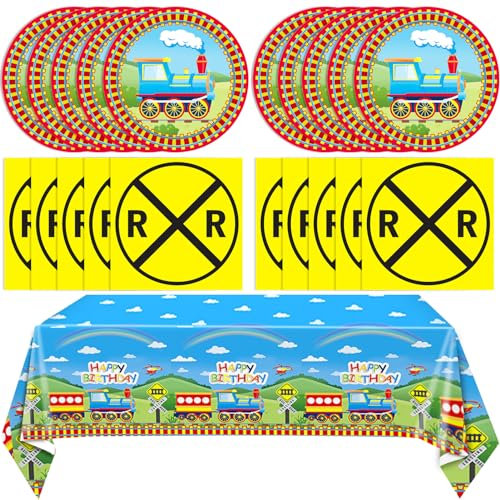41 PCS Train Party Supplies Train Theme Birthday Decorations Disposable Tableware Including Plates Napkins and Tablecloth for Boys Girl Birthday Party
