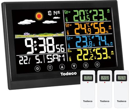 Todeco Wetterstation Funk mit 3 Außensensor - Groß Farbdisplay, Innen Aussen Digital Thermometer,Hydrometer Feuchtigkeit, Wettervorhersage, Luftdurckanzeige, DCF Empfangssignal Funkuhr