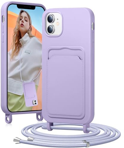 BENTIACC Handykette Silikon Hülle für iPhone 11 mit Band, Handyhülle mit Kartenfach, Abnehmbar Kordel Kette, Stoßfeste Schutzhülle für iPhone 11 (Lila)