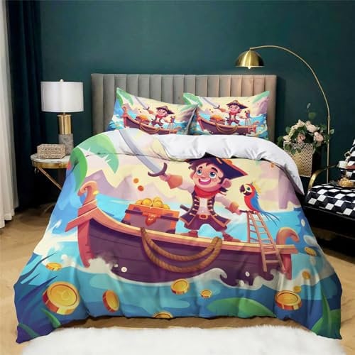 CozyRest Bettwäsche 135x200 cm Schatzkiste Und Papagei Cartoon Pirat Kind Druck, Mikrofaser Bettbezüge für Kinder und Teens, Hypoallergen Bettwäsche Set mit 2 Kissenbezügen 80 x 80 cm