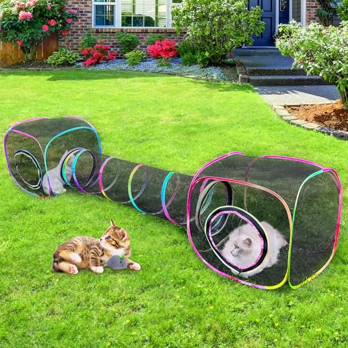 Outdoor Katzengehege Tragbare Katzen Tunnel mit Tragetasche Atmungsaktives Kitty Zelt Outdoor mit 2 Maus Spielzeug Außen Katzengehege für Indoor Katzen (2 Würfel + Run Tunnel)