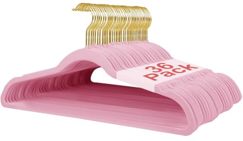 Wellong Kleiderbügel Samt, 45 cm rutschfeste Filz Bügel, Stabile Anzugbügel mit Schulterkerben, Platzsparende Kleiderbügel für Mäntel, Hosen, Silbe, 36 Stück – Rosarot mit Goldene Haken