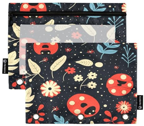 Mnsruu Fresh Ladybug Federmäppchen mit 3 Ringen, mit Reißverschluss, transparentes Fenster, Schreibwarentasche zur Aufbewahrung von Schul- und Bürobedarf, 2 Stück, mehrfarbig, Einheitsgröße,