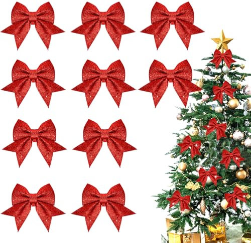 XIAGAW Noeud Cadeau Noel, 10 PCS Noeud Sapin Noel, Noeud Decoration Noel, Noeud Doré Ssapin Noel, Deco Sapin de Noel, Décorations de Noël pour Portes, Fenêtres, Jardins (Rouge)