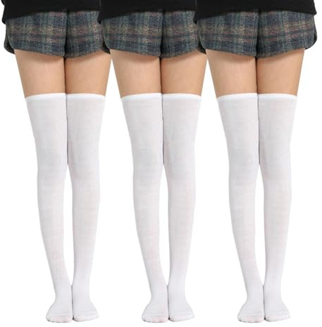 UILYNIU 3 Pairs Ladies Girls Extra Long Socks Thigh High Socks, Over The Knee Socks Slouch Socks Boot Stockings, Over Knee Leg Warmers for Dancing, Cosplay, Stage Performance, Daily Wear (White)