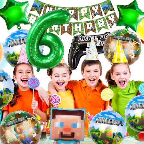 YianHien Kindergeburtstag Jungen für 6 Jahre, 12Pcs Pixel Gaming Luftballon Geburtstag Deko für 6 Jahre Jungen & Mädchen Gamer, Theme Party Deko mit Happy Birthday Banner