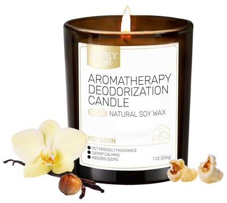 Candela eliminatore di odori per animali domestici, fragranza popcorn alla vaniglia, candela di soia naturale con olio essenziale di erba gatta, atossica, adatta agli animali domestici e sicura per