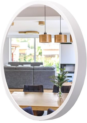 STOLARNIA PIKA Spiegel Rund Holz Weiß - Wandspiegel mit Holzrahmen (∅47 cm) - Runder Bad Spiegel für Badezimmer, Flur, Wohnzimmer, Schlafzimmer - Stilvoller 50 cm Badspiegel LEJA
