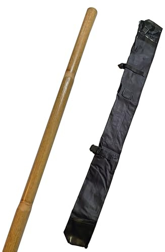TEKKA BUDO Set Jo Stab Rattan ungeschält mit Waffentasche - 127 cm mit Schale - Trainingsstock Holz Hell - Aikido, Iaido, Kempo, Kobudo, Kampfkunst, Vollkontakt