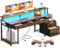 Coleshome Bureau avec 5 Tiroirs, Bureau Gaming avec Support d'écran et Lumières LED, Bureaux Informatique de Réversible avec Prise de Courant, Bureau à Domicile, Marron, 160x48cm