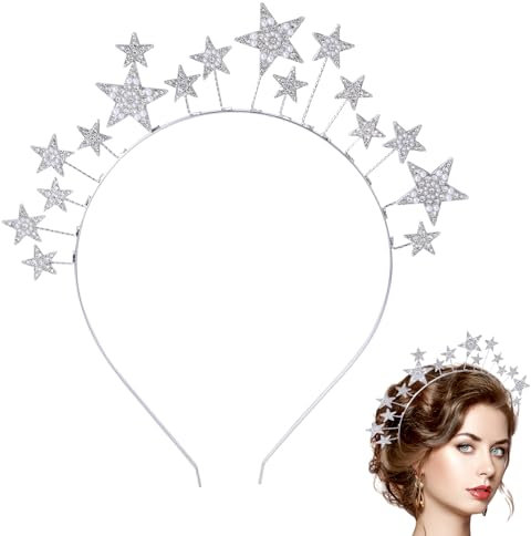 Serre-Tête Étoile Strass, Coiffe de Déesse Argentée Coiffe de Mariée en Cristal Mary Accessoires de Cheveux de Mariage de Fête Serre-Tête Céleste pour Femmes Filles Costume Cosplay Fête