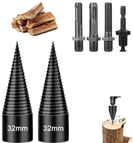 FENGCHUANHG 2 pcs 32mm Spaccalegna, Cono per Trapano, Spaccalegna per Legna da Ardere con 4 Impugnature, Spaccalegna per Legna da Ardere Cono per Vite Spaccalegna per Legno di Diametro Inferiore