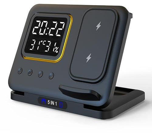 Gerbala 5 in 1 Kabelloses Ladestation für Handys/Watch/Kopfhörer, 15W Faltbarer Mag-Safe Ladegerät mit Uhr/Temperatur/Luftfeuchtigkeit/Nachtlicht, für Samsung/Galaxy Watch/Galaxy Buds 2 Pro